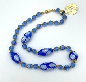 Vintage Venetian Glass Necklace Periwinkle Blue Floral Flowers 18" Italy